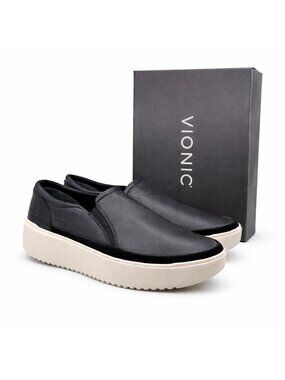 Vionic Kearny Supportive Slip On Sneakers Black Leather Platform Womens 11 EU 42